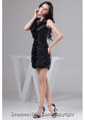 Black Mini-length Prom Gown Dress with Rolling Flower and Ruching