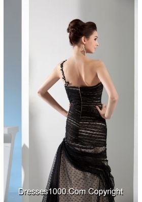 Column Black One Shoulder Ruching and Beading Prom Dress