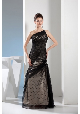 Column Black One Shoulder Ruching and Beading Prom Dress