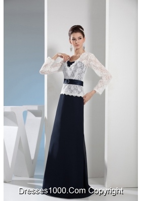 Column Navy Blue and White V-neck Long Sleeves Lace Prom Dresses