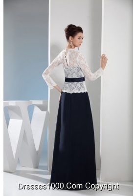 Column Navy Blue and White V-neck Long Sleeves Lace Prom Dresses