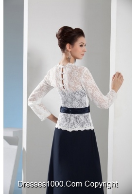 Column Navy Blue and White V-neck Long Sleeves Lace Prom Dresses