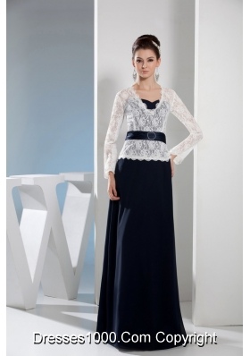 Column Navy Blue and White V-neck Long Sleeves Lace Prom Dresses
