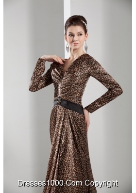 Fashion V-neck Long Sleeves Leopard Prom Dress