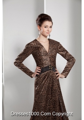 Fashion V-neck Long Sleeves Leopard Prom Dress