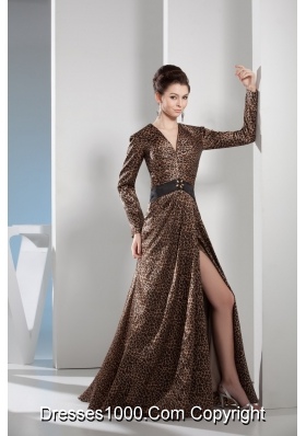 Fashion V-neck Long Sleeves Leopard Prom Dress