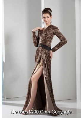 Fashion V-neck Long Sleeves Leopard Prom Dress