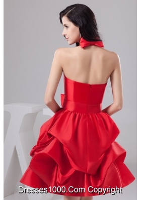 Halter-top Knee-length Taffeta Prom Gown with Pick-ups and Bowknots