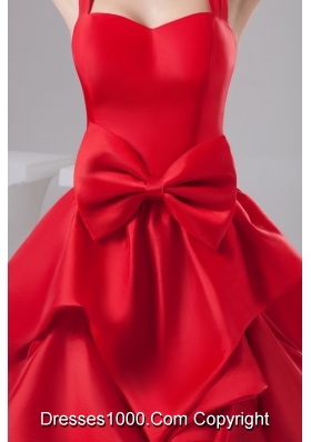 Halter-top Knee-length Taffeta Prom Gown with Pick-ups and Bowknots