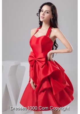 Halter-top Knee-length Taffeta Prom Gown with Pick-ups and Bowknots