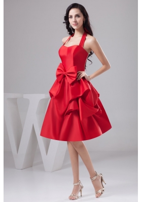 Halter-top Knee-length Taffeta Prom Gown with Pick-ups and Bowknots