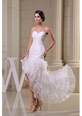 High Low Ruffled Layers Ruching Sweetheart Wedding Dresses in White