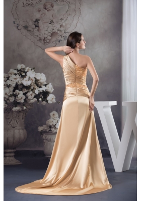 High Slit One Shoulder Sweep Train Prom Gown with Beading and Ruching