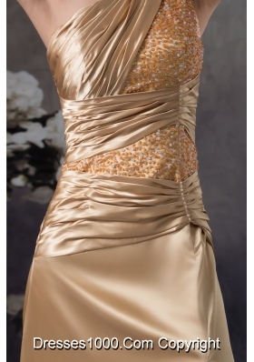 High Slit One Shoulder Sweep Train Prom Gown with Beading and Ruching