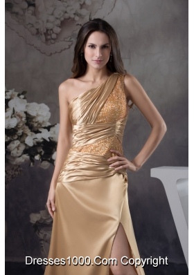 High Slit One Shoulder Sweep Train Prom Gown with Beading and Ruching