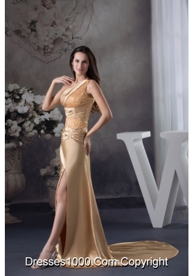 High Slit One Shoulder Sweep Train Prom Gown with Beading and Ruching