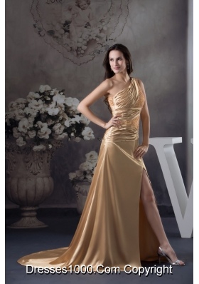 High Slit One Shoulder Sweep Train Prom Gown with Beading and Ruching