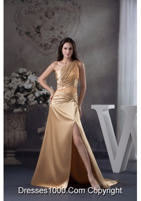 High Slit One Shoulder Sweep Train Prom Gown with Beading and Ruching