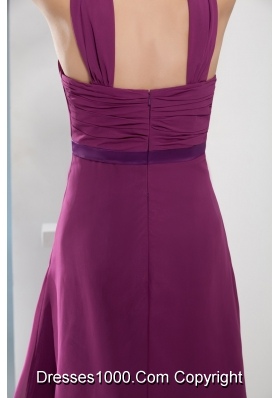 Knee-length Straps Ruched Purple Prom Dress