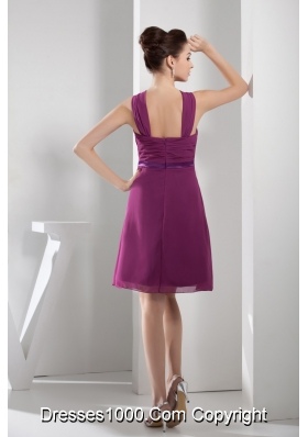 Knee-length Straps Ruched Purple Prom Dress