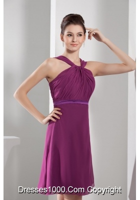 Knee-length Straps Ruched Purple Prom Dress