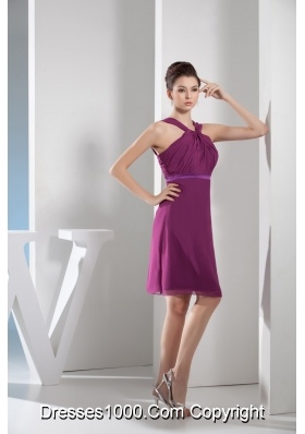 Knee-length Straps Ruched Purple Prom Dress