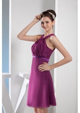 Knee-length Straps Ruched Purple Prom Dress