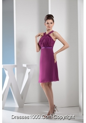 Knee-length Straps Ruched Purple Prom Dress