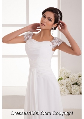 Lace Beaded Cap Sleeves Square Column Wedding Dress with Ruching