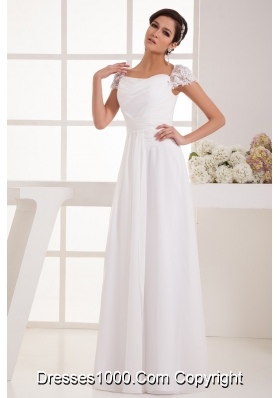 Lace Beaded Cap Sleeves Square Column Wedding Dress with Ruching