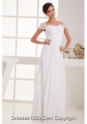 Lace Beaded Cap Sleeves Square Column Wedding Dress with Ruching