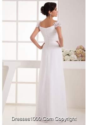 Lace Beaded Cap Sleeves Square Column Wedding Dress with Ruching