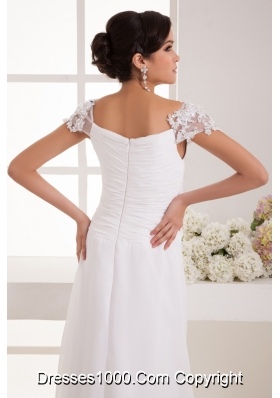 Lace Beaded Cap Sleeves Square Column Wedding Dress with Ruching