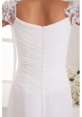 Lace Beaded Cap Sleeves Square Column Wedding Dress with Ruching