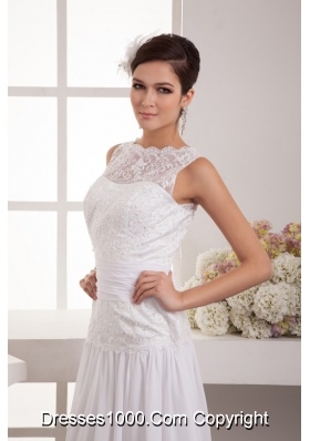 Lace Scoop Claps Handle Wedding Dress Decorated with Ruched Sash