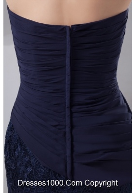 Navy Blue Bowknot Decorate Prom Gown Dress in Chiffon and Lace