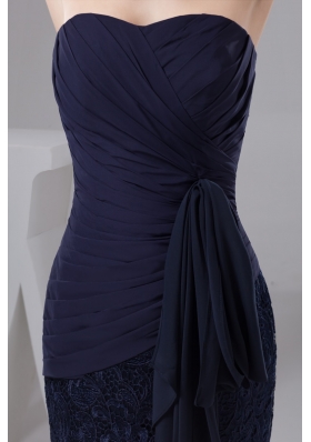 Navy Blue Bowknot Decorate Prom Gown Dress in Chiffon and Lace