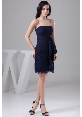 Navy Blue Bowknot Decorate Prom Gown Dress in Chiffon and Lace