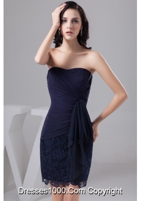 Navy Blue Bowknot Decorate Prom Gown Dress in Chiffon and Lace