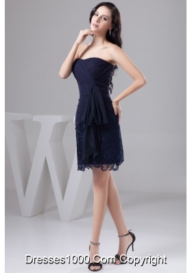 Navy Blue Bowknot Decorate Prom Gown Dress in Chiffon and Lace