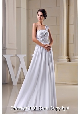 Pleating One Shoulder Wedding Gown Decorated with Beading Ribbon