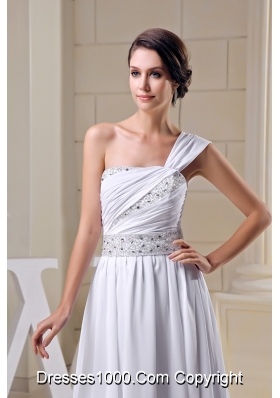 Pleating One Shoulder Wedding Gown Decorated with Beading Ribbon