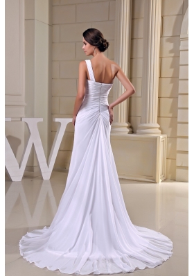 Pure One Shoulder Court Train Ruched Chiffon White Wedding Dress