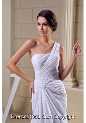 Pure One Shoulder Court Train Ruched Chiffon White Wedding Dress