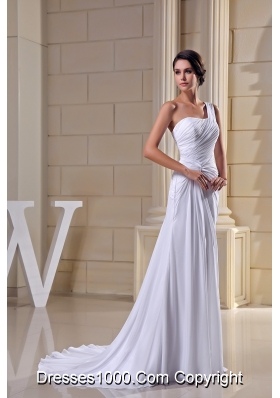 Pure One Shoulder Court Train Ruched Chiffon White Wedding Dress