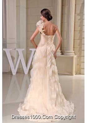 Ruffles One Shoulder Tiers Brush Train Wedding Dresses in Champagne