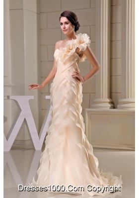 Ruffles One Shoulder Tiers Brush Train Wedding Dresses in Champagne