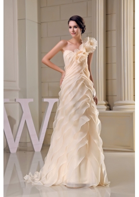 Ruffles One Shoulder Tiers Brush Train Wedding Dresses in Champagne