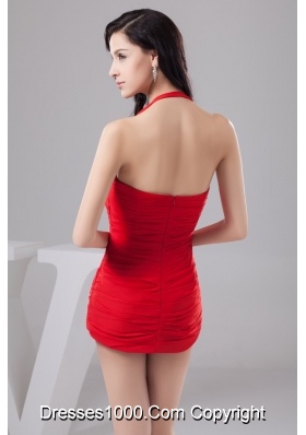 Sexy Column Halter Short Red Cocktail Prom Dress with Ruching