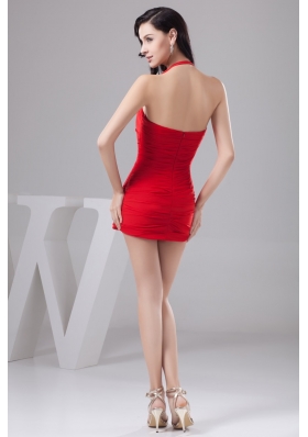 Sexy Column Halter Short Red Cocktail Prom Dress with Ruching